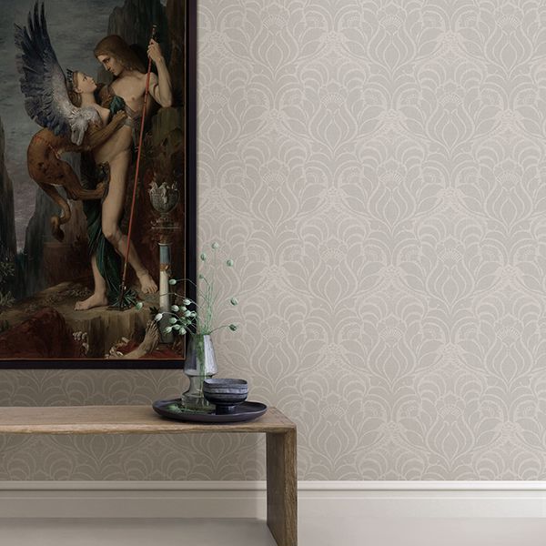 Sandor Grey Damask Wallpaper - Brewster Wallcovering