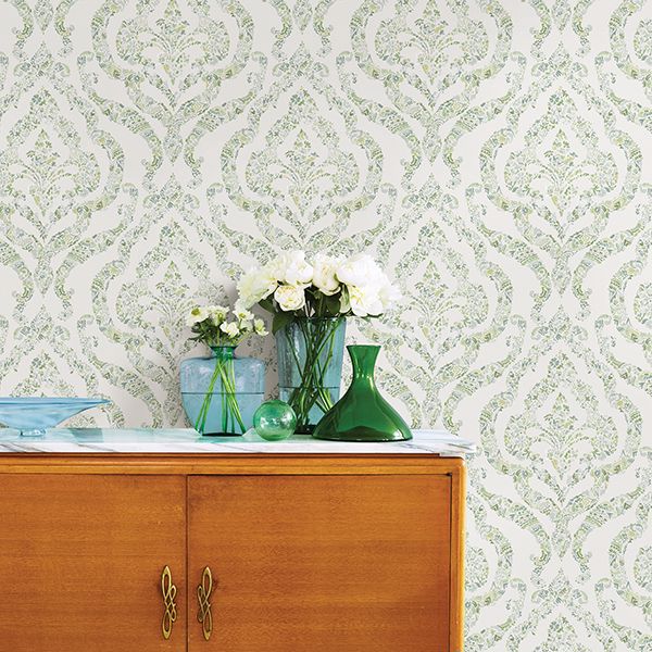 Featherton Light Green Floral Damask Wallpaper  | Brewster Wallcovering