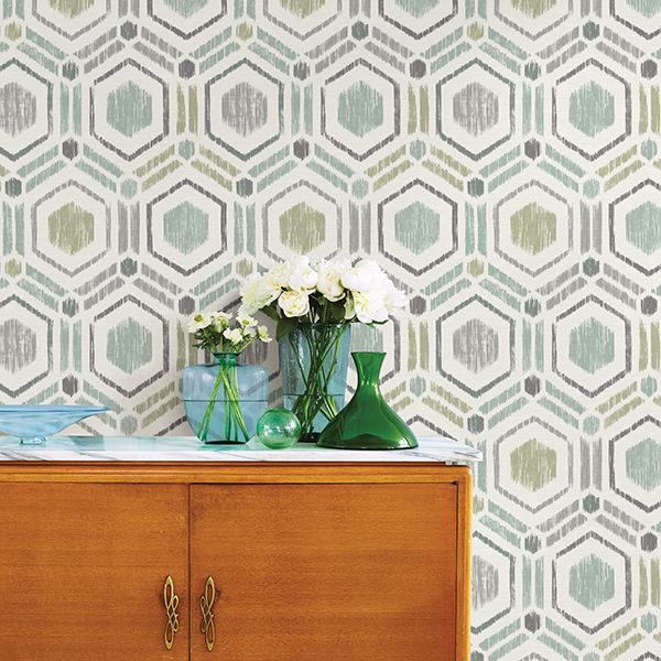 Borneo Light Green Geometric Grasscloth Wallpaper - Brewster Wallcovering