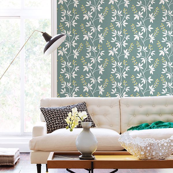 Linnea Elsa Teal Botanical Trail Wallpaper - Brewster Wallcovering