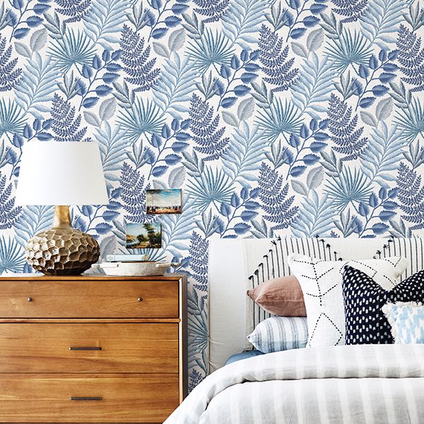 Palomas Blue Botanical Wallpaper - Brewster Wallcovering