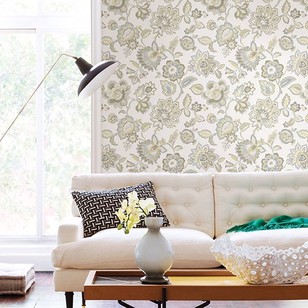 Corona Mustard Jacobean Wallpaper - Brewster Wallcovering