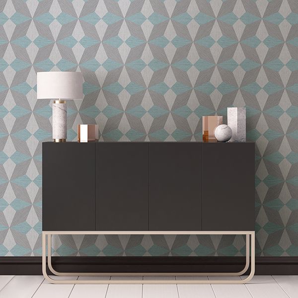 Valiant Aqua Faux Grasscloth Geometric Wallpaper  | Brewster Wallcovering - The WorkRm