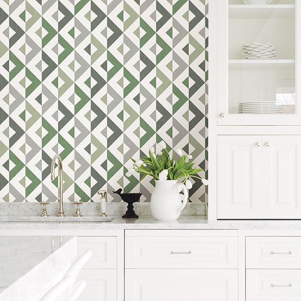 Seesaw Green Geometric Faux Linen Wallpaper - Brewster Wallcovering