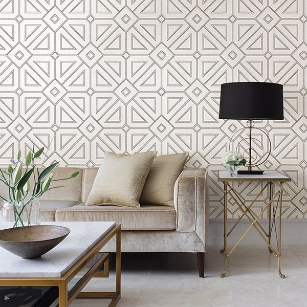 Voltaire Off-White Beaded Geometric Wallpaper - Brewster Wallcovering