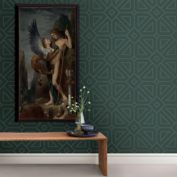 Voltaire Dark Green Beaded Geometric Wallpaper - Brewster Wallcovering