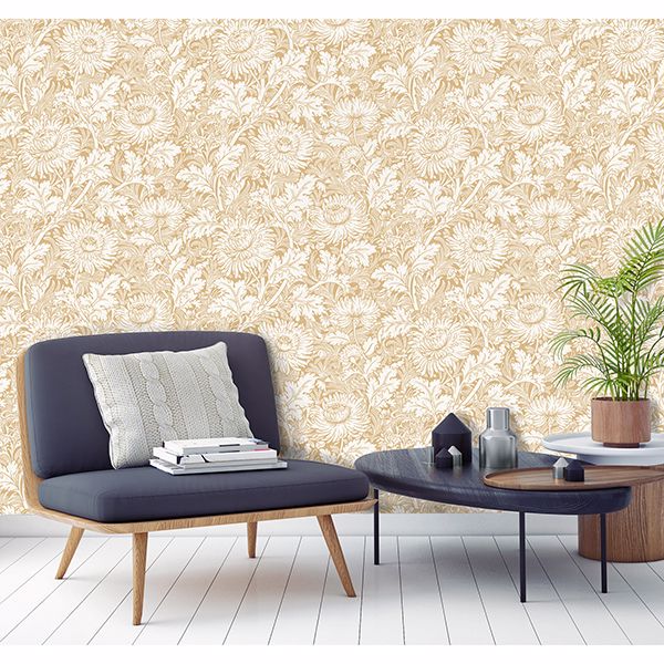 Zinnia Mustard Floral Wallpaper  | Brewster Wallcovering