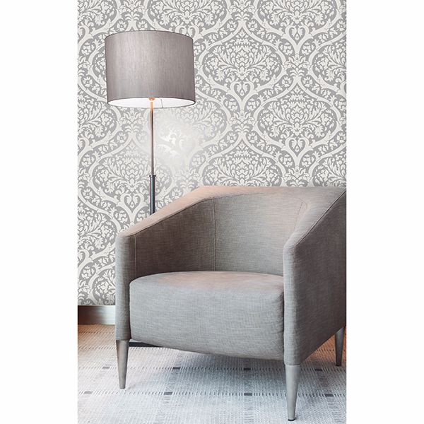 Sandringham Silver Damask Wallpaper - Brewster Wallcovering