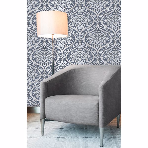 Sandringham Blue Damask Wallpaper - Brewster Wallcovering