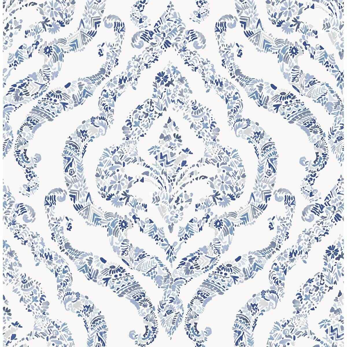 Featherton Blue Floral Damask Wallpaper - York Wallcoverings - 2901-25403