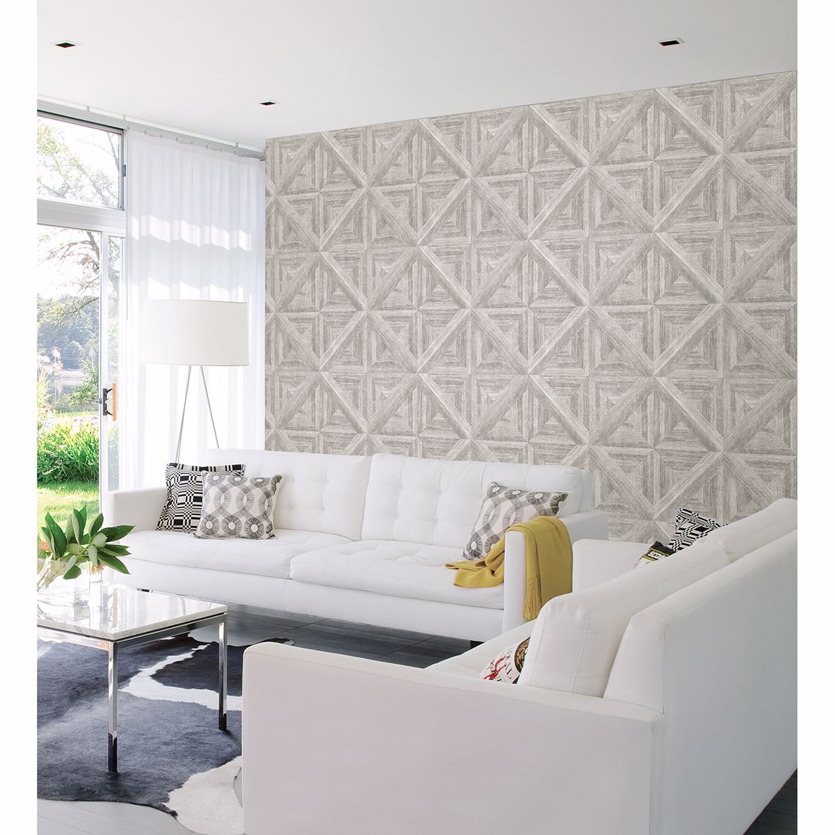 Carriage House White Geometric Wood Wallpaper  | Brewster Wallcovering - The WorkRm