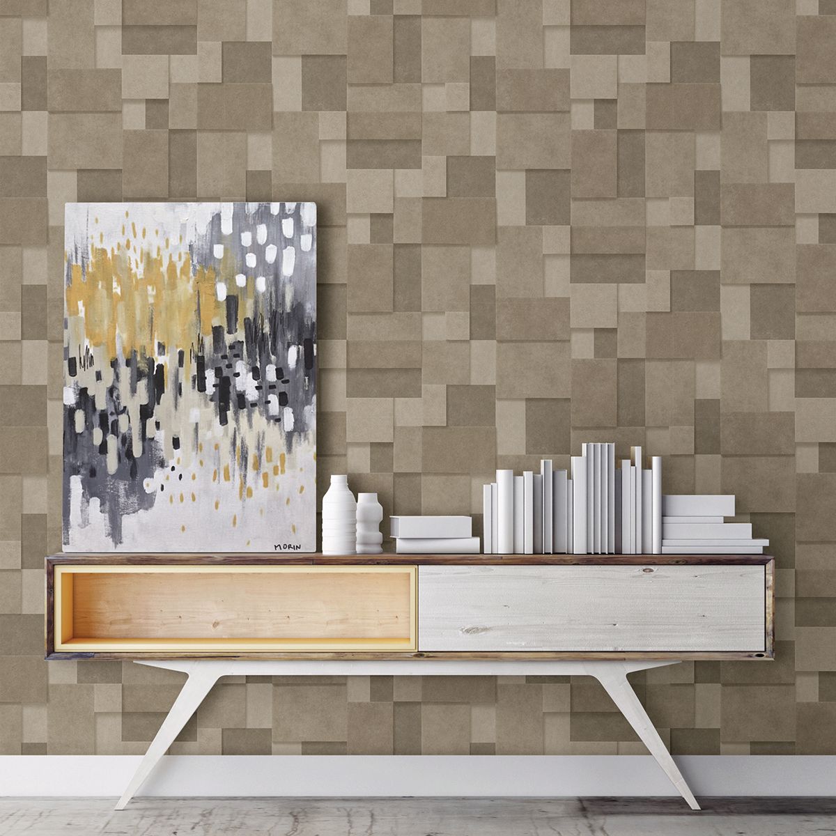 Duchamp Gold Metallic Squares Wallpaper - Brewster Wallcovering