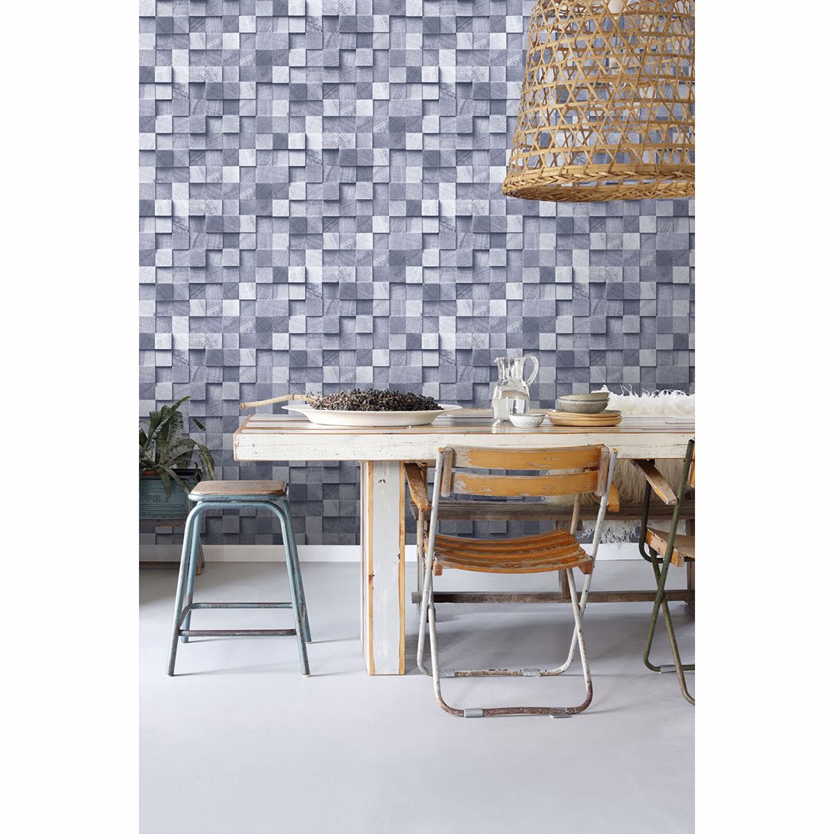 Tevye Blue Wood Geometric Wallpaper - Brewster Wallcovering