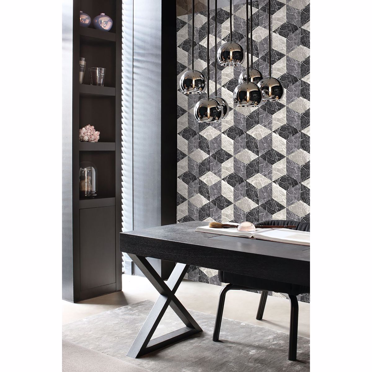 Rizzo Black Geometric Stone Wallpaper  | Brewster Wallcovering - The WorkRm