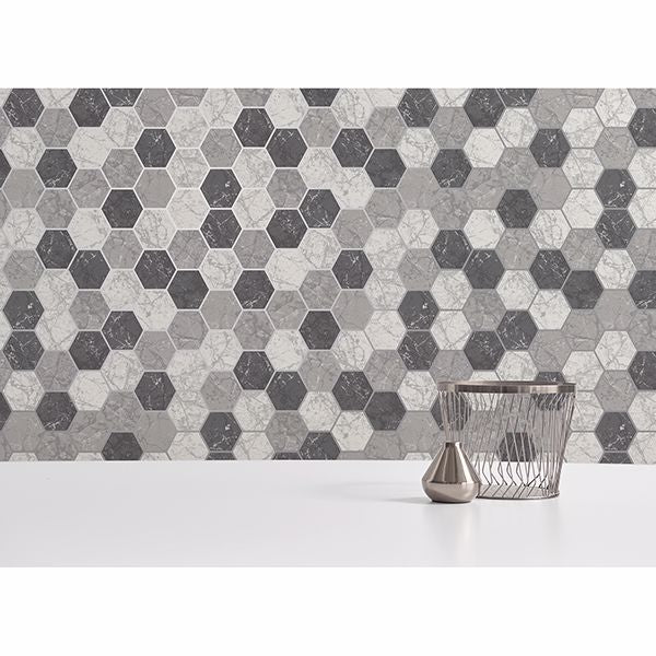 Margaret Charcoal Marble Hexagon Wallpaper - Brewster Wallcovering