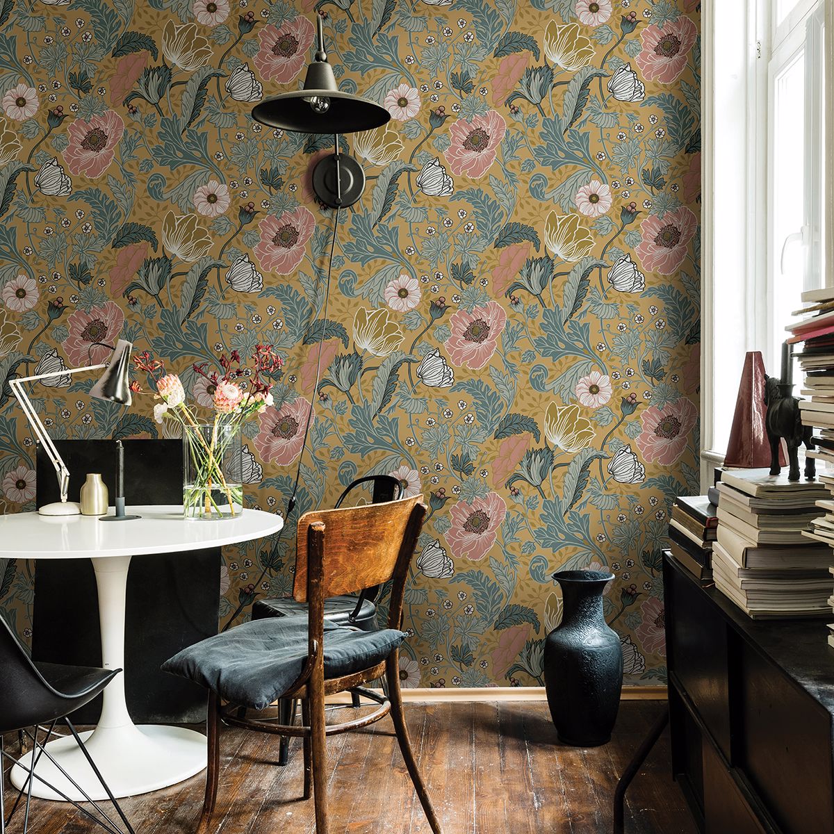 Anemone Mustard Floral Wallpaper - Brewster Wallcovering