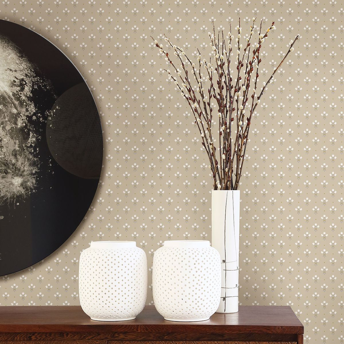 Lili Beige Miniature Floral Wallpaper - Brewster Wallcovering