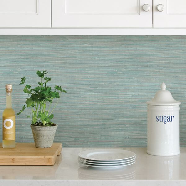 Tibetan Grasscloth Teal Peel and Stick Wallpaper - York Wallcoverings - NUS3337 - York Wallcoverings Wallpaper