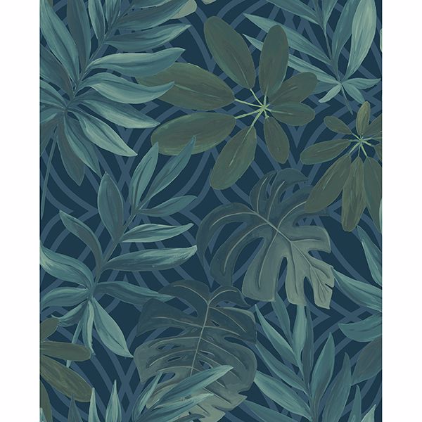 Brewster Wallcovering-Nocturnum Dark Blue Leaves Wallpaper