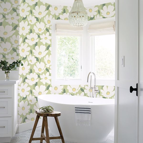 Astera Green Floral Wallpaper - Brewster Wallcovering