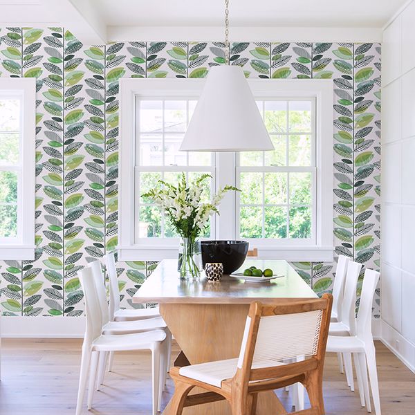 Nyssa Green Leaves Wallpaper - Brewster Wallcovering