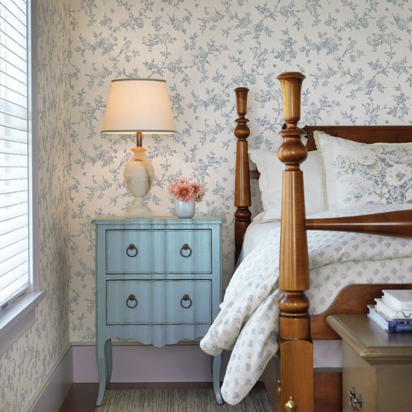 French Nightingale Blue Floral Scroll Wallpaper  | Brewster Wallcovering