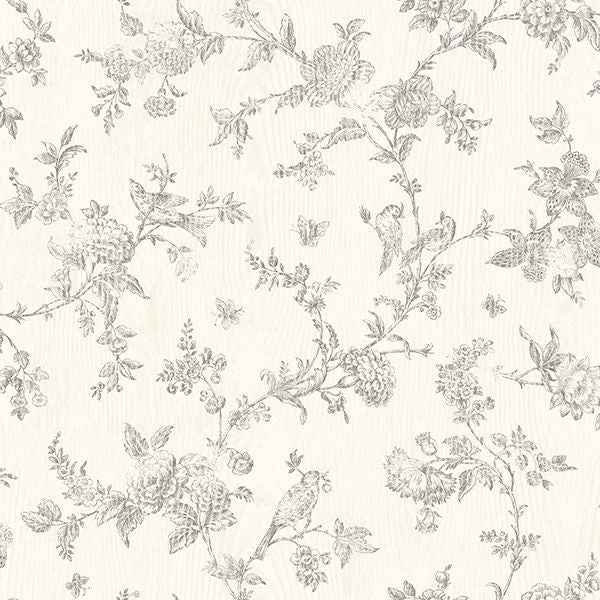 French Nightingale Taupe Floral Scroll Wallpaper - York Wallcoverings - 3119-02193