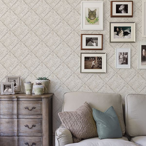 Brandi Grey Metallic Faux Tile Wallpaper - Brewster Wallcovering