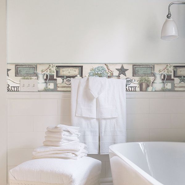 Country Bath Aqua Rustic Border  | Brewster Wallcovering - The WorkRm