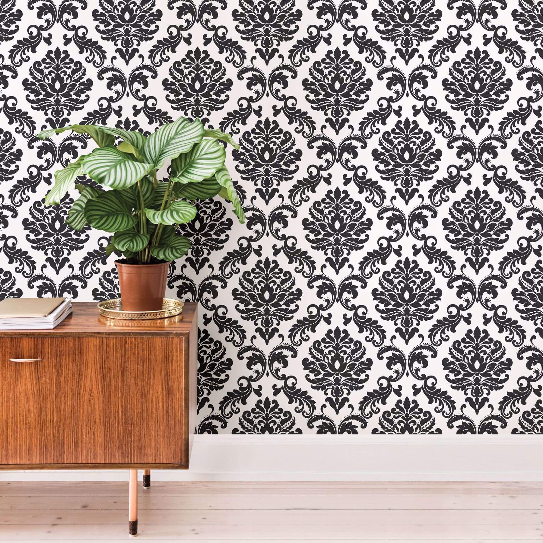 Ariel Black and White Damask Peel and Stick Wallpaper - York Wallcoverings - NUS1646 - York Wallcoverings Wallpaper