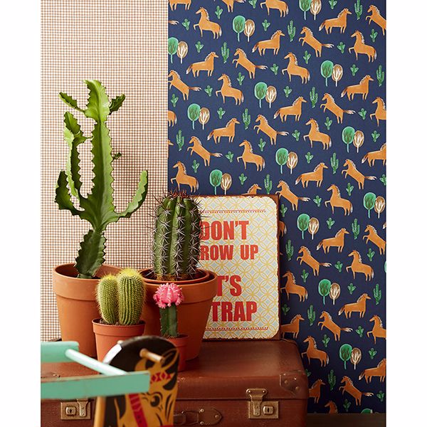 Tuva Navy Horse Wallpaper  | Brewster Wallcovering - The WorkRm