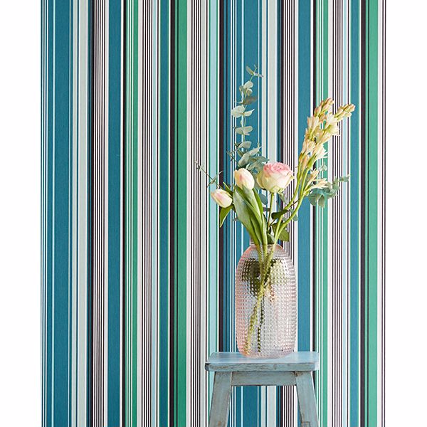 Svea Teal Stripe Wallpaper - Brewster Wallcovering