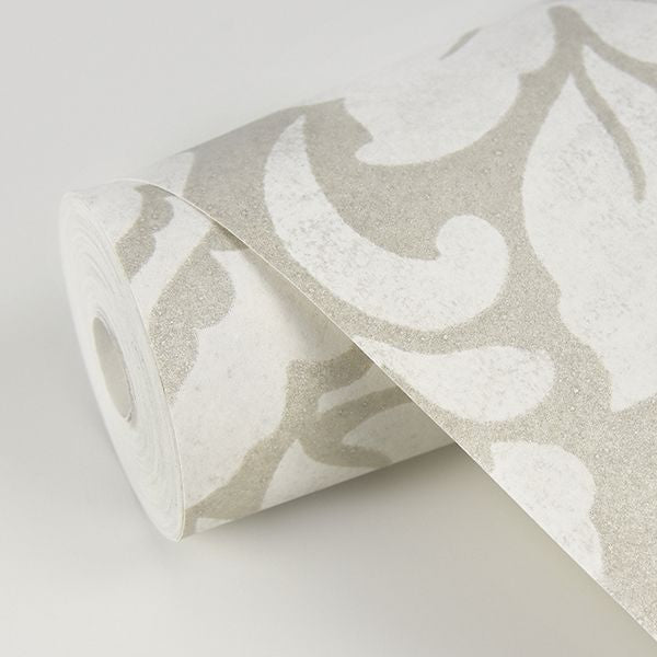 Arvid Off-White Damask Wallpaper - Brewster Wallcovering