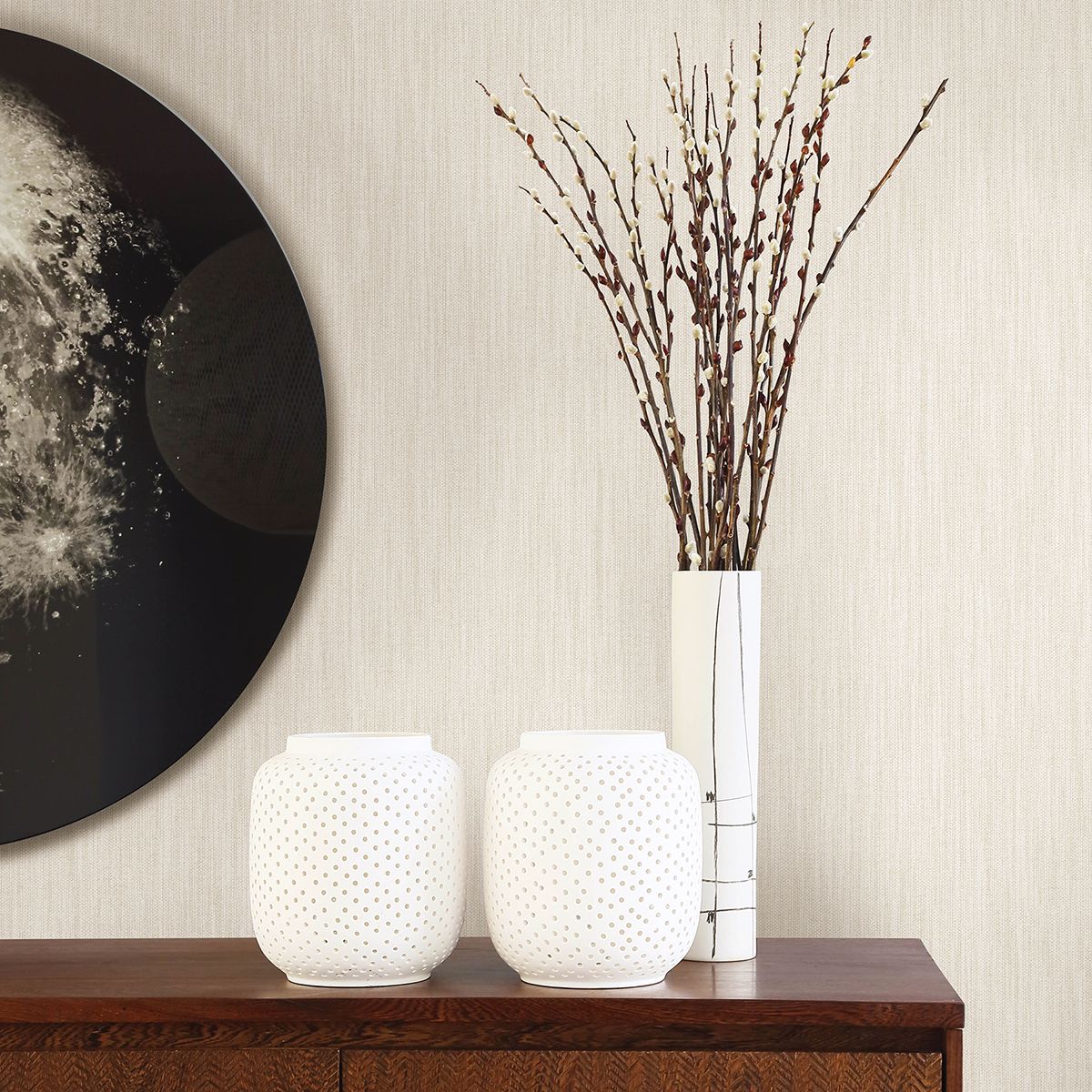 Chenille Off-White Faux Linen Wallpaper - Brewster Wallcovering