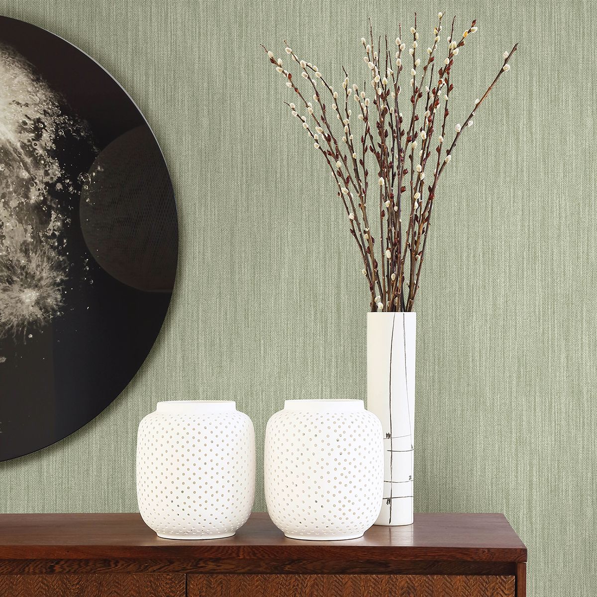 Chenille Sage Faux Linen Wallpaper - Brewster Wallcovering