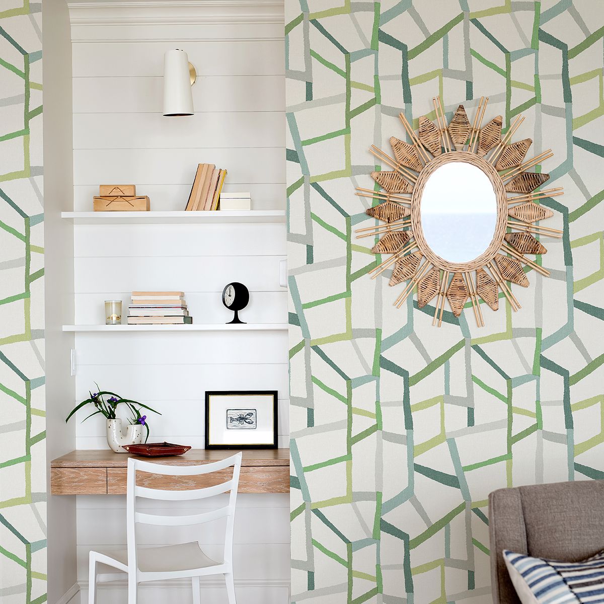 Tate Green Geometric Linen Wallpaper  | Brewster Wallcovering - The WorkRm