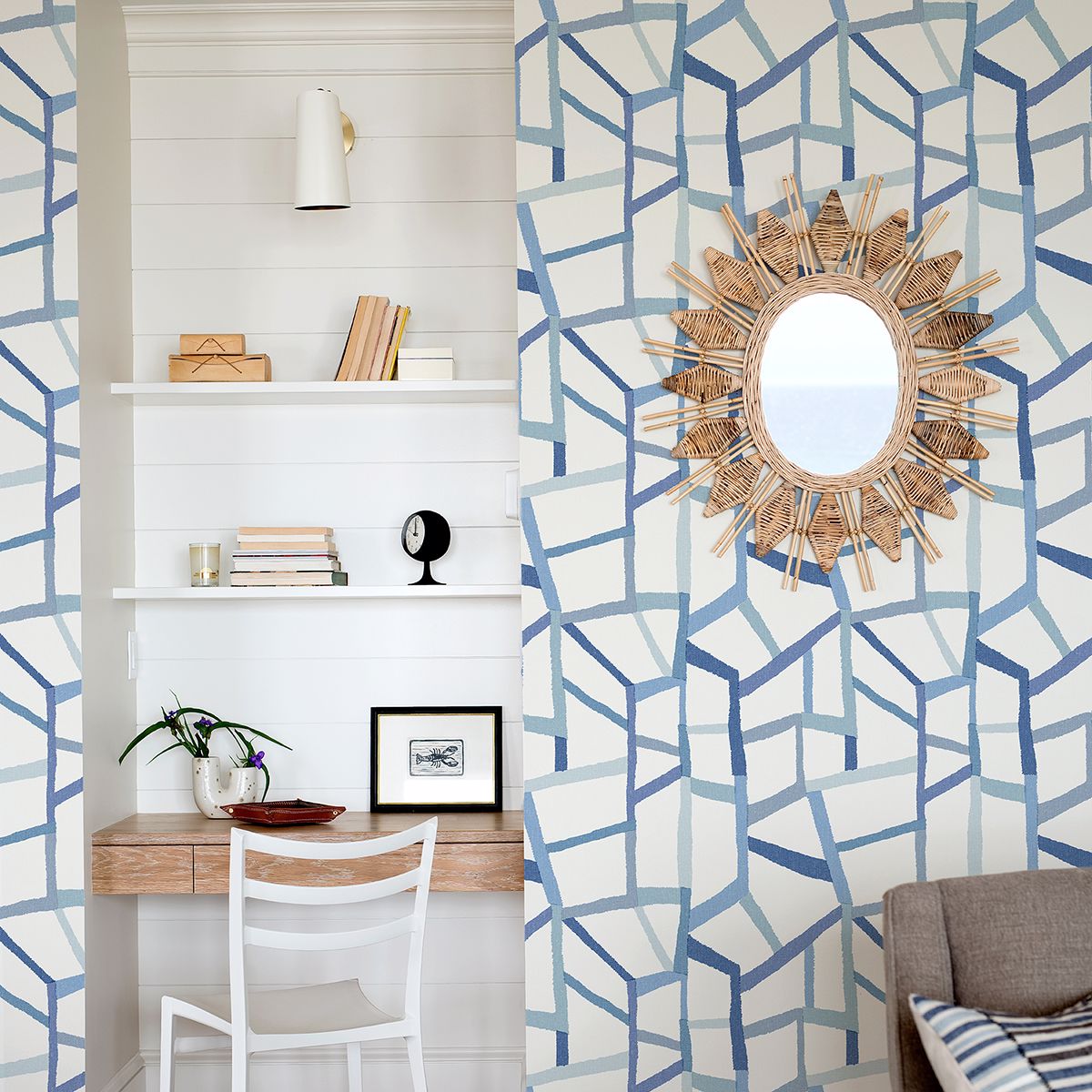 Tate Blue Geometric Linen Wallpaper  | Brewster Wallcovering - The WorkRm