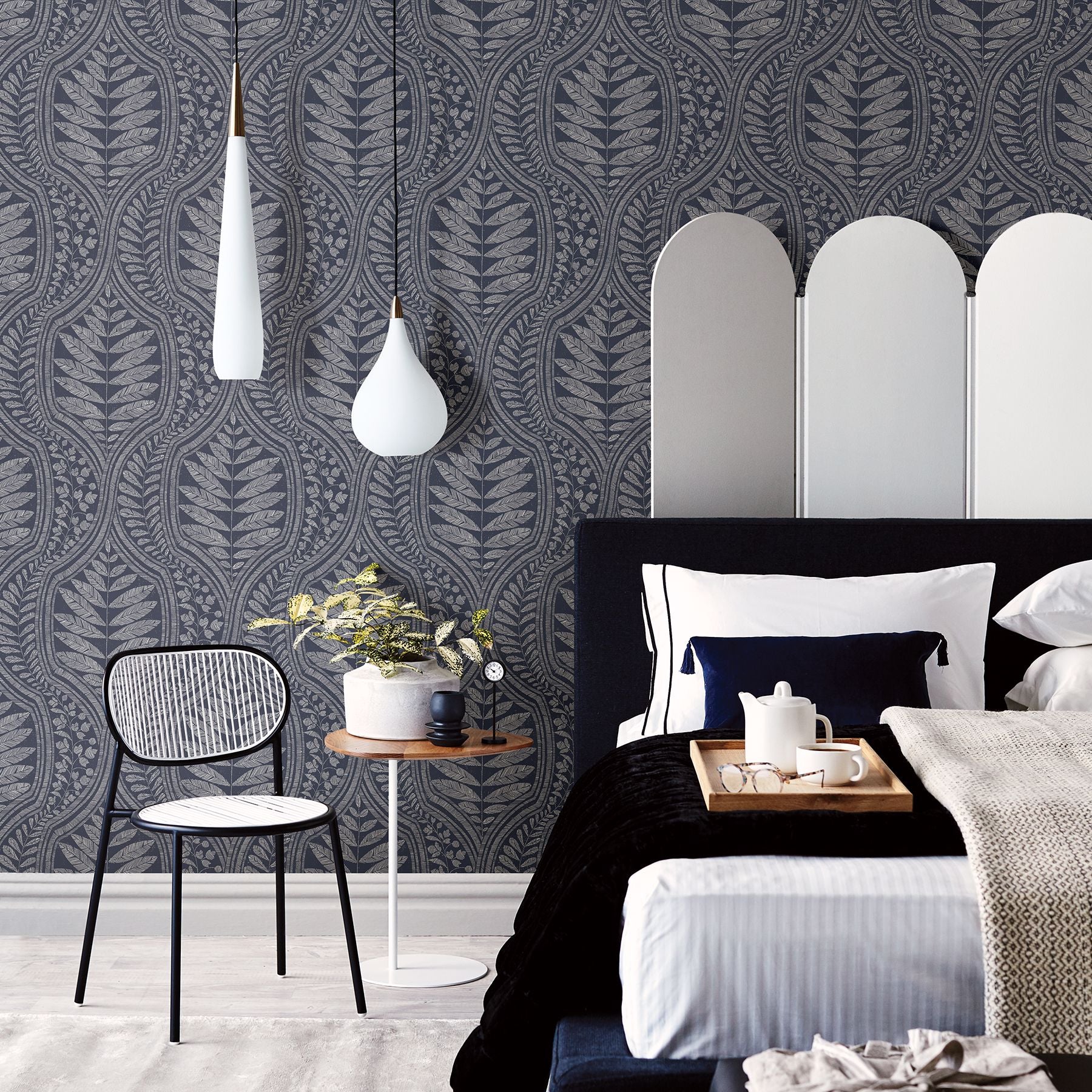 Juno Indigo Ogee Wallpaper- Scott Living - Brewster Wallcovering