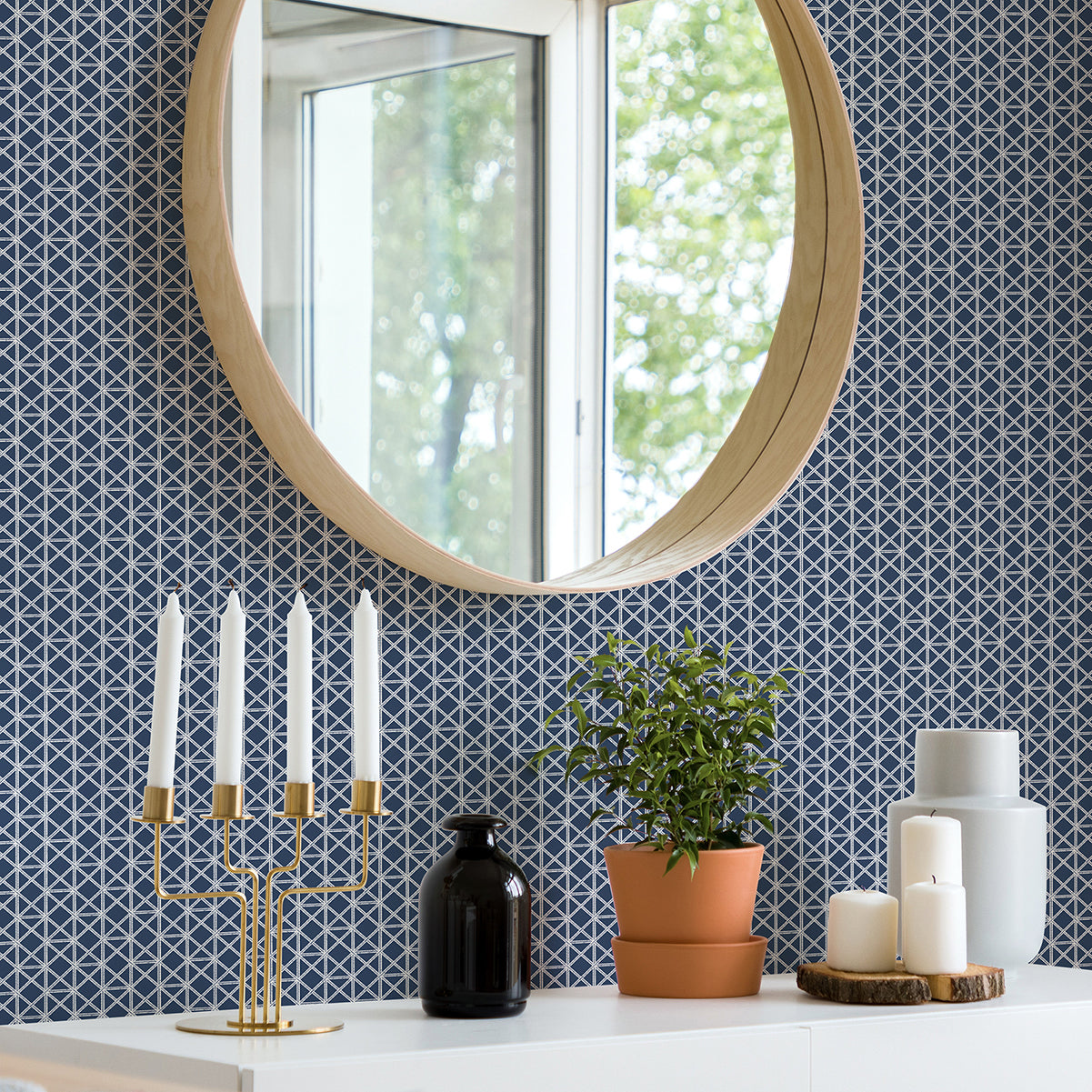 Lisbeth Navy Geometric Lattice Wallpaper - Brewster Wallcovering