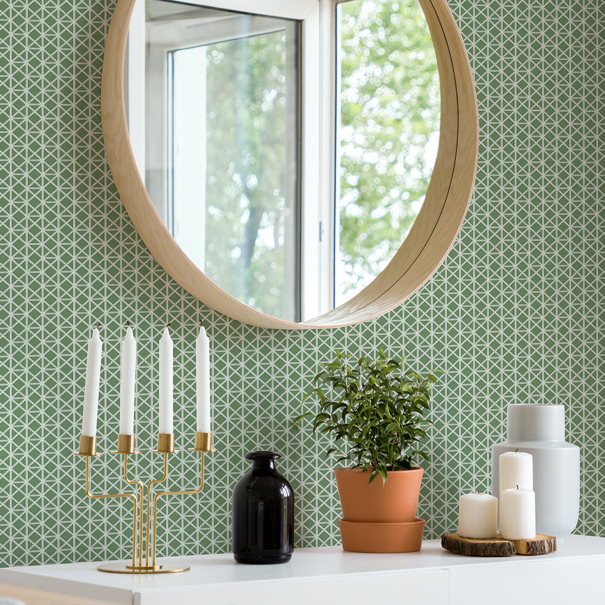 Lisbeth Green Geometric Lattice Wallpaper  | Brewster Wallcovering