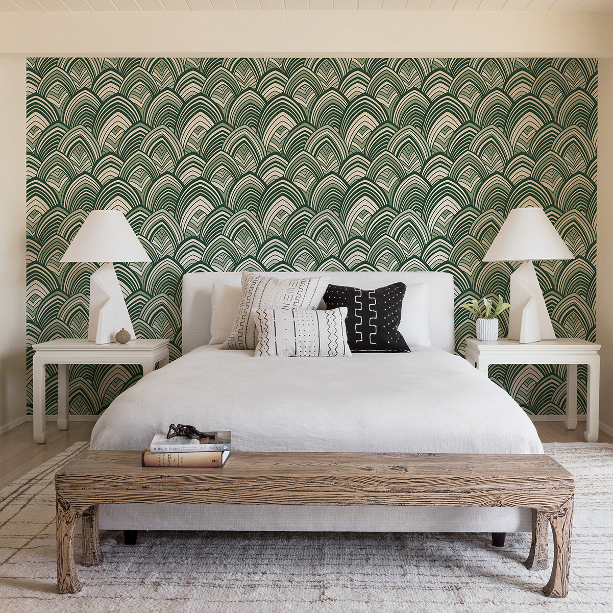 Cabarita Green Art Deco Flocked Leaves Wallpaper - Brewster Wallcovering