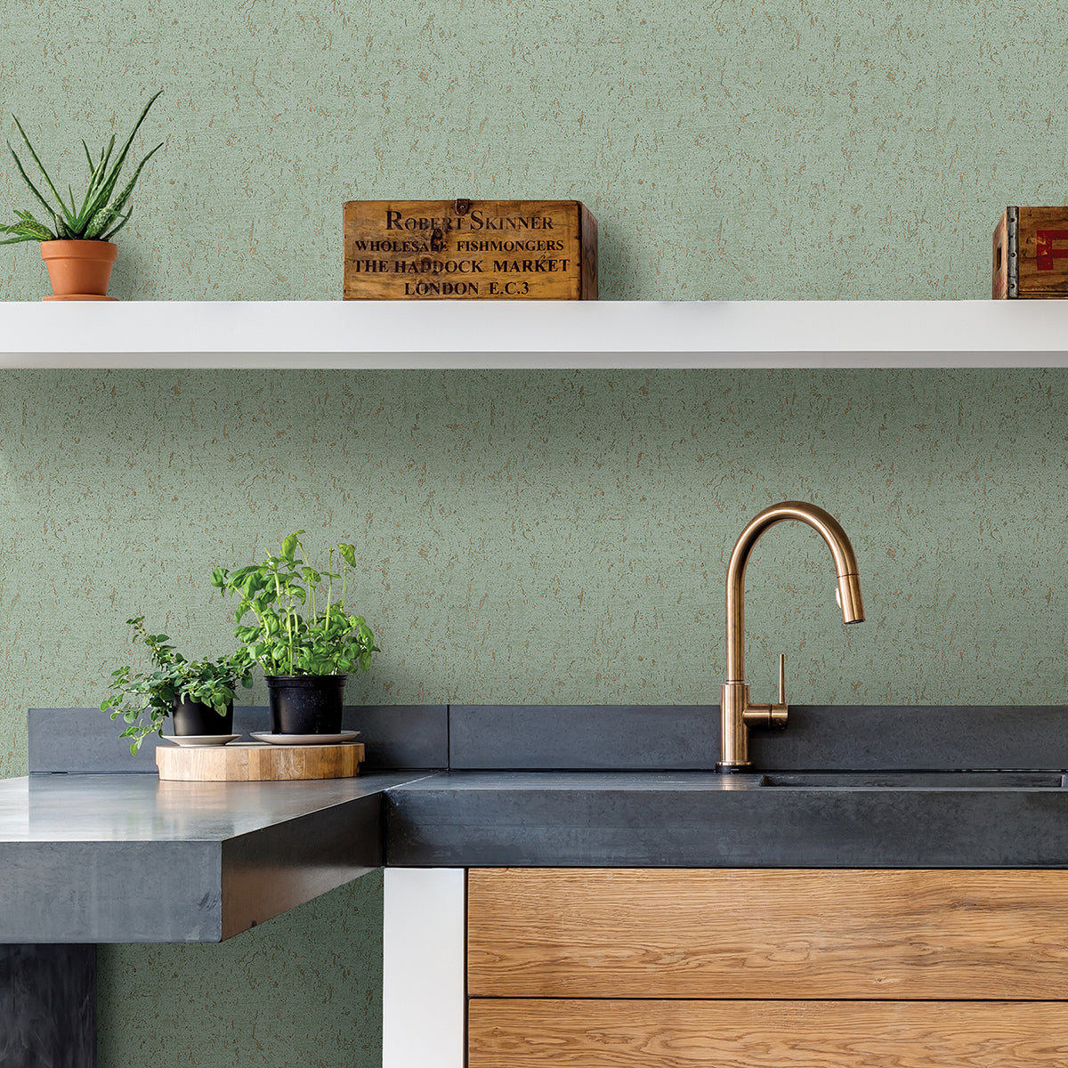 Guri Green Concrete Texture Wallpaper - Brewster Wallcovering