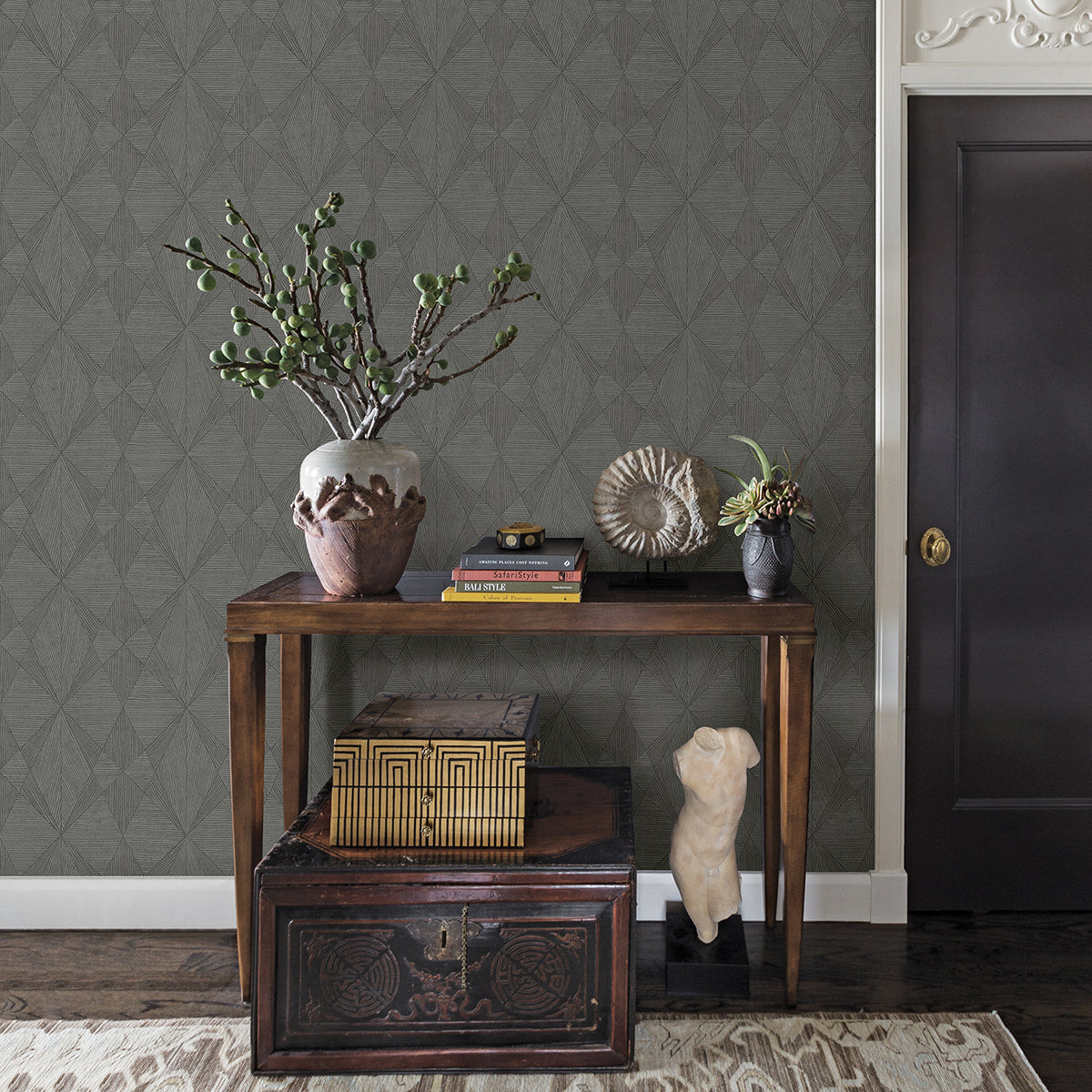 Intrinsic Dark Grey Textured Geometric Wallpaper - Brewster Wallcovering