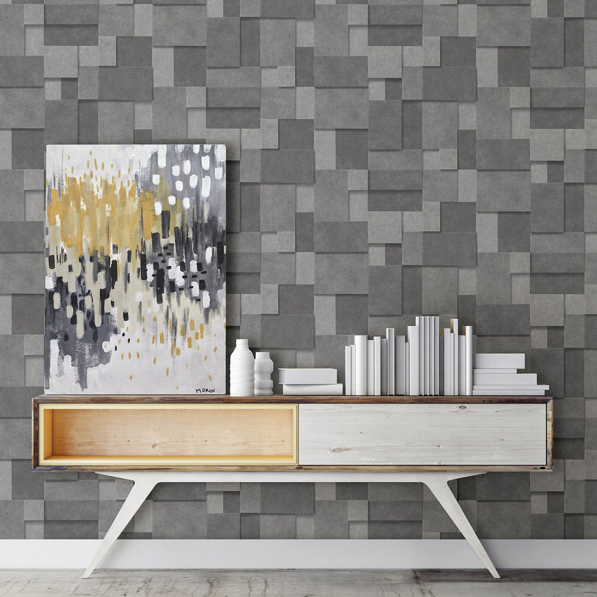 Duchamp Dark Grey Patchwork Metallic Wallpaper - Brewster Wallcovering