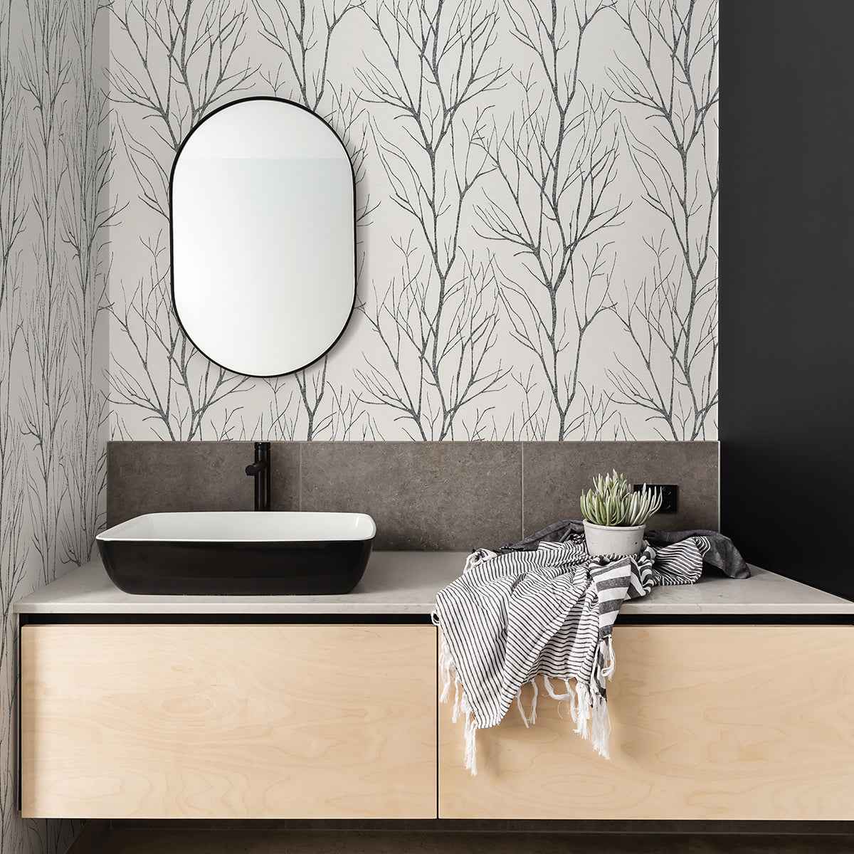 Diani Charcoal Metallic Tree Wallpaper - York Wallcoverings - 2979-37260-4