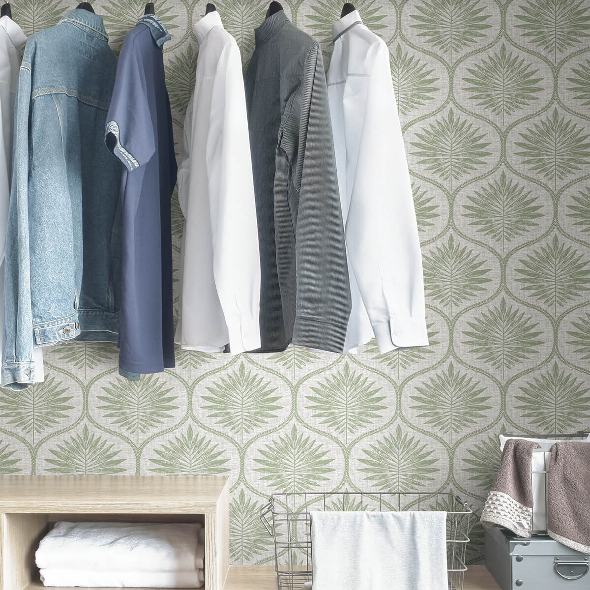 Green Primitive Leaves Peel and Stick Wallpaper - York Wallcoverings - NUS3621 - York Wallcoverings Wallpaper