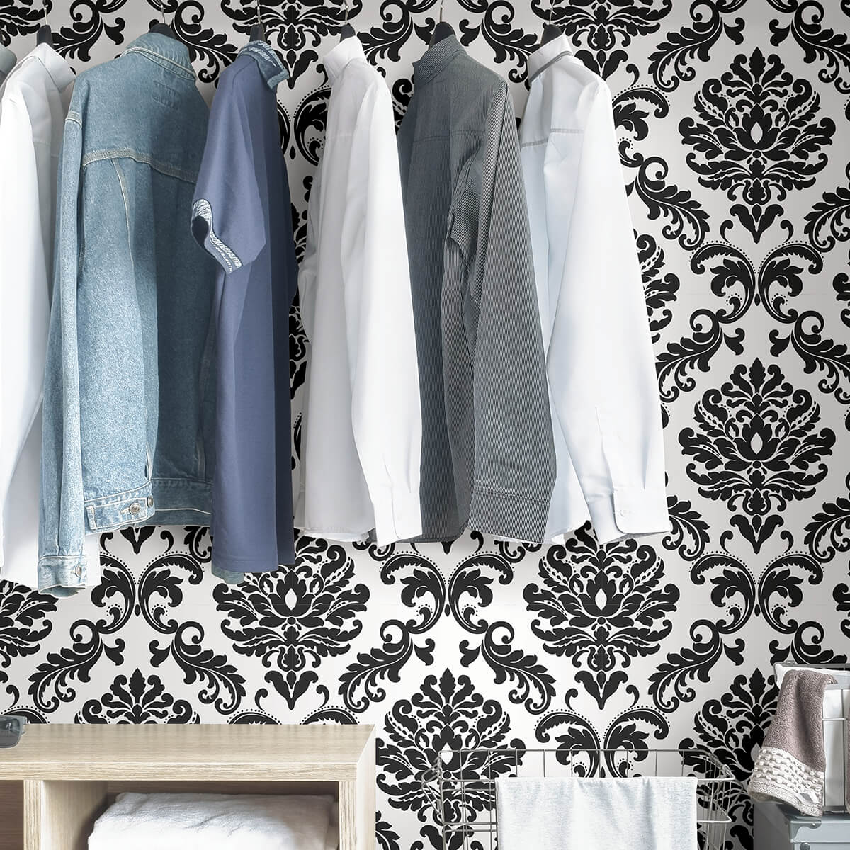 Ariel Black and White Damask Peel and Stick Wallpaper - York Wallcoverings - NUS1646 - York Wallcoverings Wallpaper