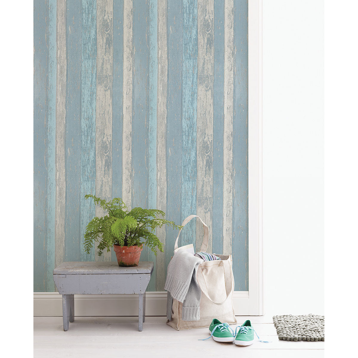 Cannon Blue Distressed Wood Wallpaper - Brewster Wallcovering