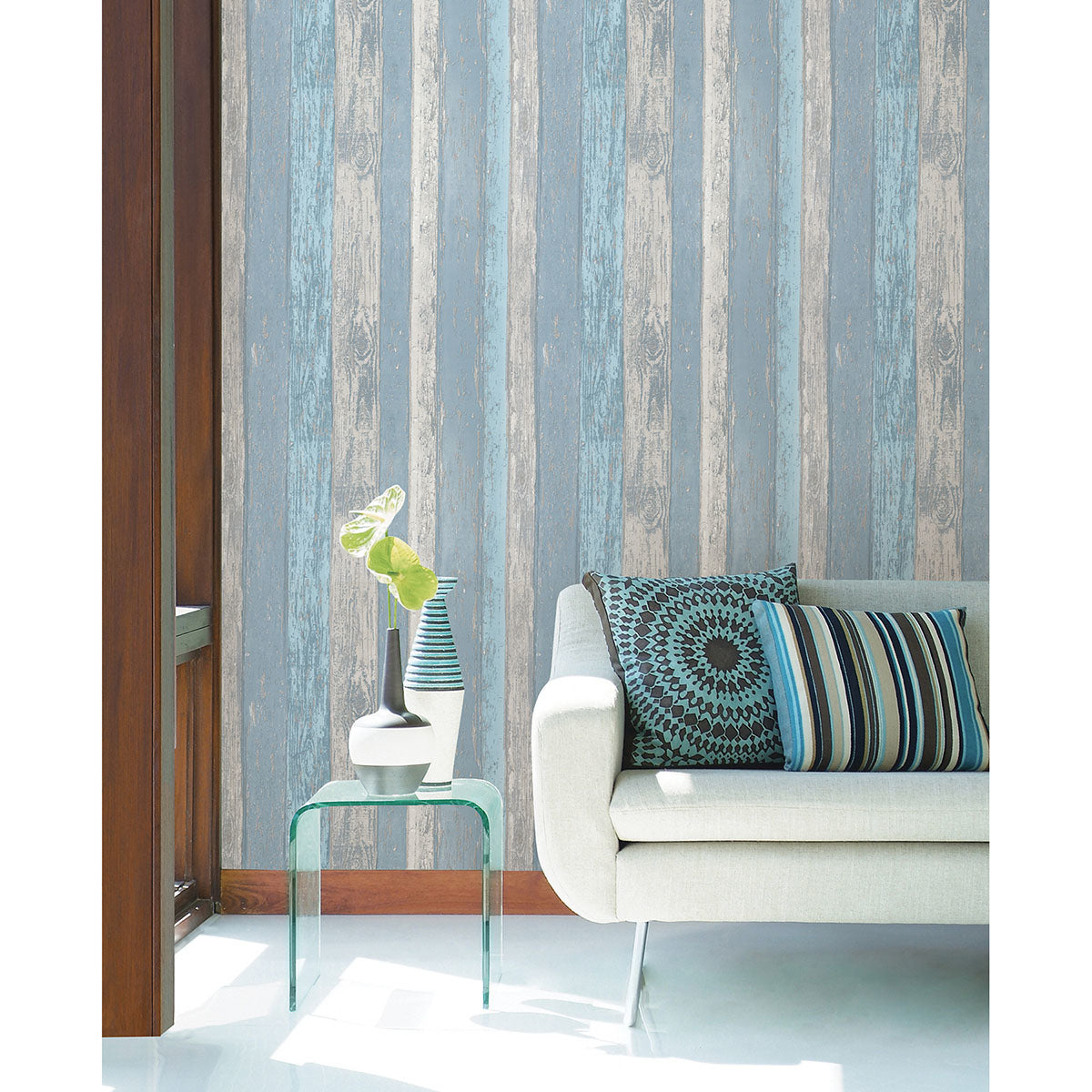 Cannon Blue Distressed Wood Wallpaper - Brewster Wallcovering