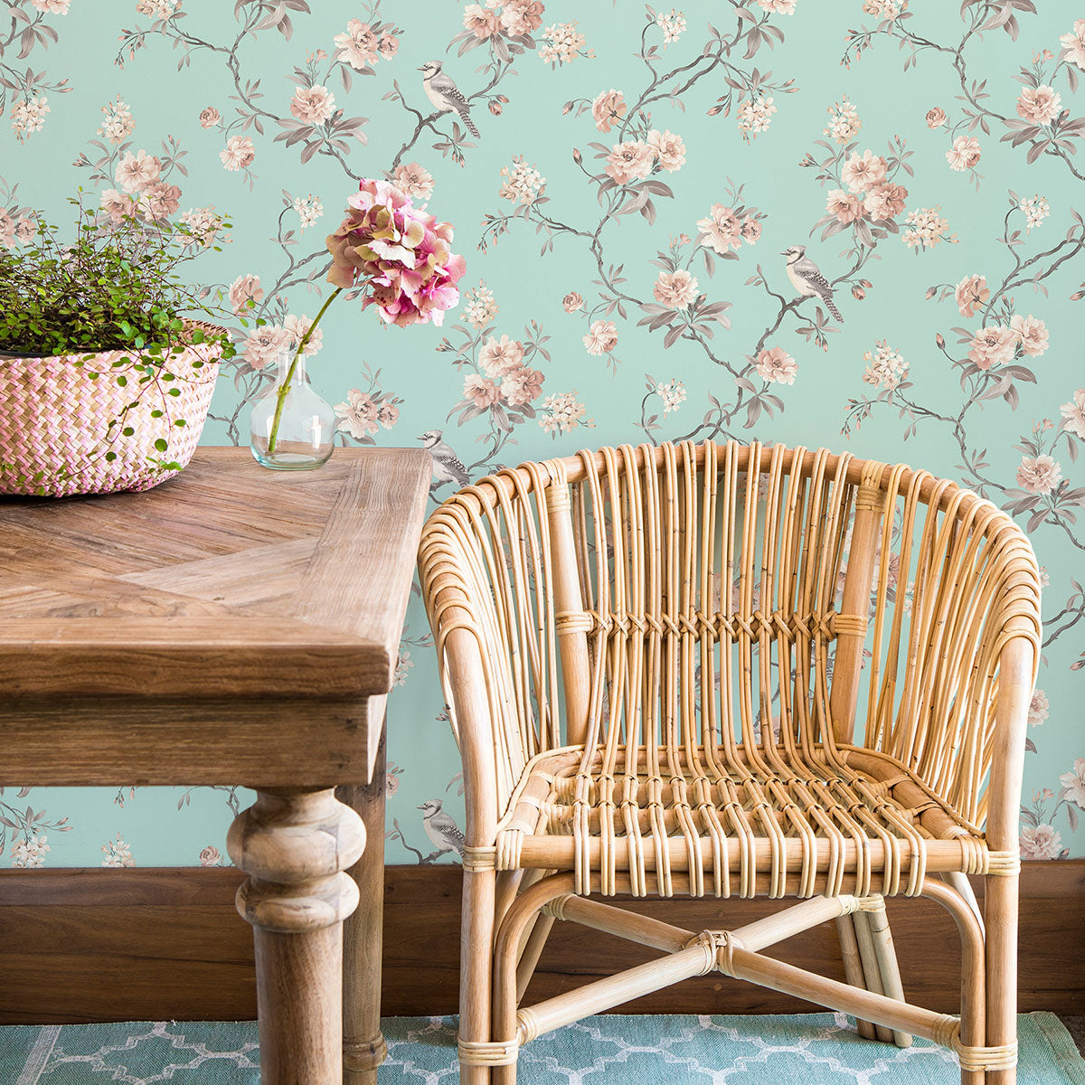 Chinoiserie Seafoam Floral Wallpaper - Brewster Wallcovering